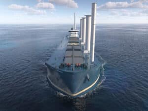 Super-efficient bulker concept combines two different wind assist technologies: three tiltable rotor sails and two suction wing sails