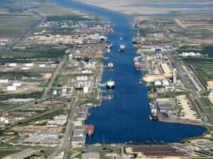Aerial shot of the Port of Brownsville shipping channel.