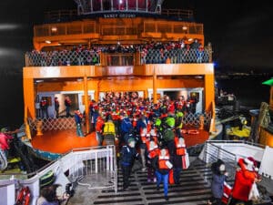 Evacuation of passengers from the Sandy Ground to a responding vessel. (