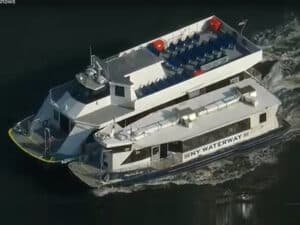 Passengers on the Mychal Judge ferry boat being evacuated to another boat. (Credit: Screengrab from PIX 11 YouTube)