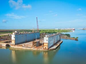 Built in the 1940’s to service U.S. Navy vessels, the dock was formerly known as the USS Los Alamos, and was renamed for Congressman Solomon P. Ortiz. The dry dock accommodated drilling rigs and various maritime vessels throughout its tenure at the Port of Brownsville.