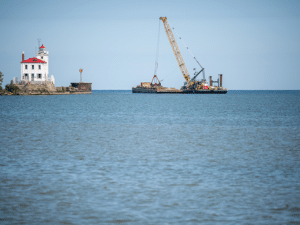 The Buffalo Engineer District is wrapping up dredging of the federal channel at Fairport Harbor to provide ease of navigation and safe passage for large vessels carry products vital to the community, Fairport Harbor, Ohio.