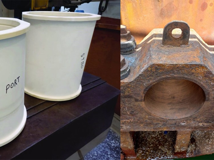 Anchor Handling Tug Supply (AHTS) replaced its existing stern roller bearings (right) with Thordon’s grease-free SXL bearings