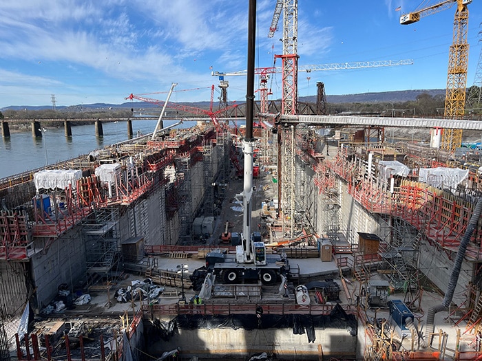 The Nashville Engineer District constructs a new navigation lock February 20, 2024. The dam is a Tennessee Valley Authority project. The Nashville District is managing the Chickamauga Lock Replacement Project. (Credit: Luciano Vera)